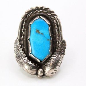 Vintage Old Pawn 60's Large Turquoise Classic Leaf Design Navajo Ring Sz 9